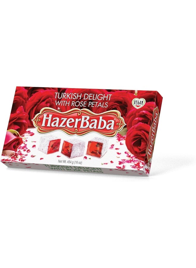 HazerBaba Hazer Baba Turkish Delight Candy with Rose Petals, Gourmet Snack Box, Traditional, Vegan Snack, Turkish Lokum, Unique Sweets, Loukumi, Delicias Turcas, Halal, Kosher, 16oz (454g) - Image 1
